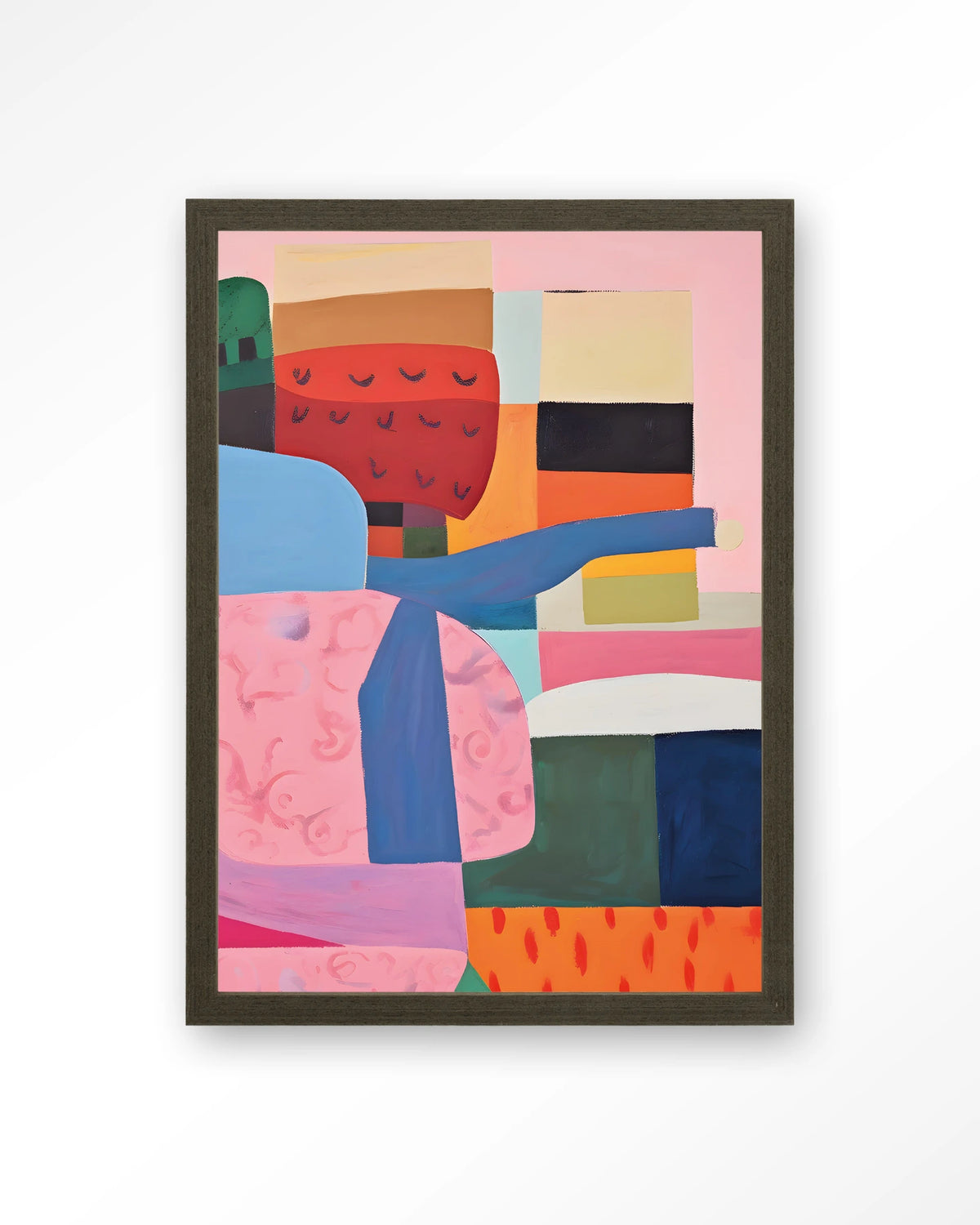 Urban Garden – abstract in roze, blauw en rood – Art print – Hout donkerbruin