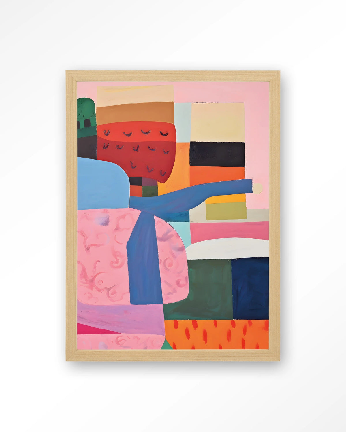 Urban Garden – abstract in roze, blauw en rood – Art print – Hout naturel