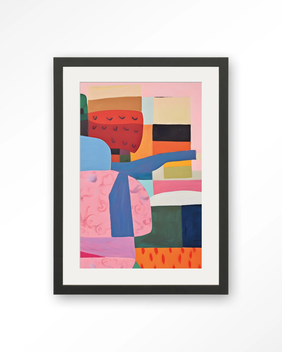 Urban Garden – abstract in roze, blauw en rood – Art print – Hout zwart + passe-partout