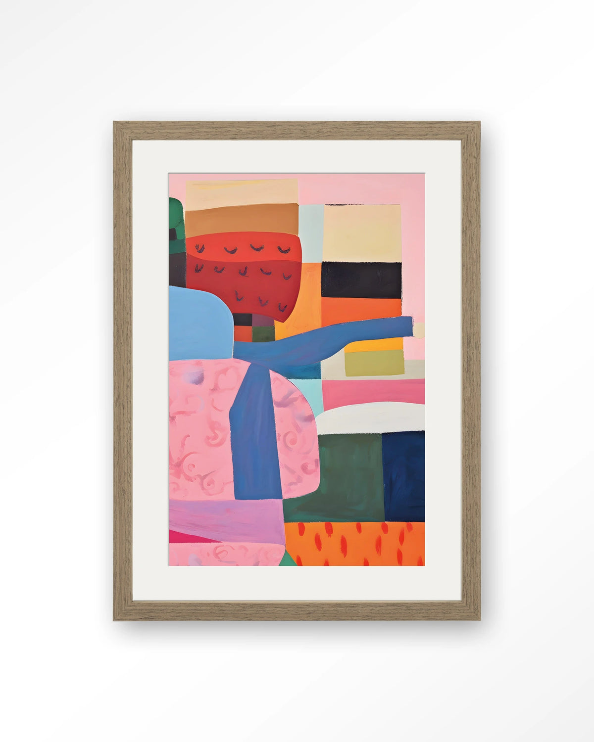 Urban Garden – abstract in roze, blauw en rood – Art print – Hout bruin + passe-partout