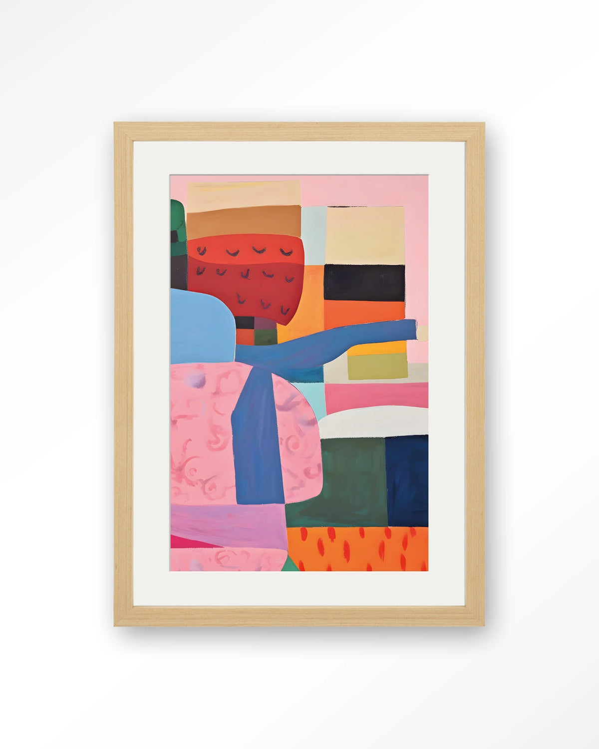 Urban Garden – abstract in roze, blauw en rood – Art print – Hout naturel + passe-partout