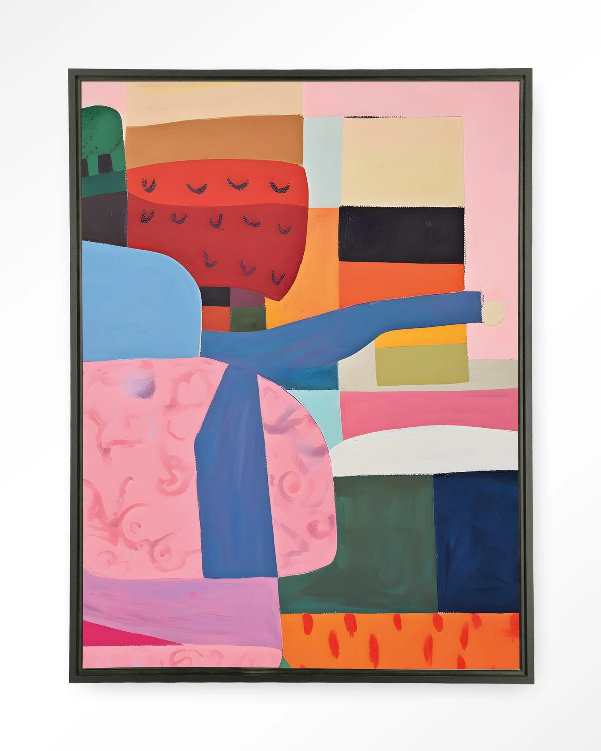 Urban Garden – abstract in roze, blauw en rood – Wandkleed – Floating frame – zwart