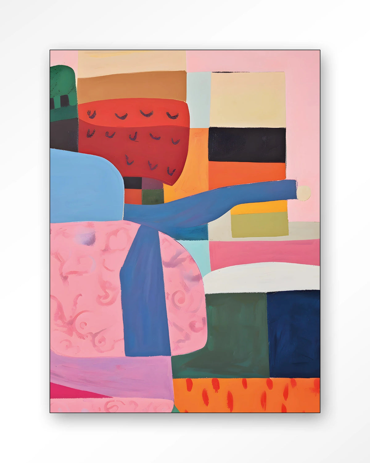 Urban Garden – abstract in roze, blauw en rood – Wandkleed – Frame – zwart
