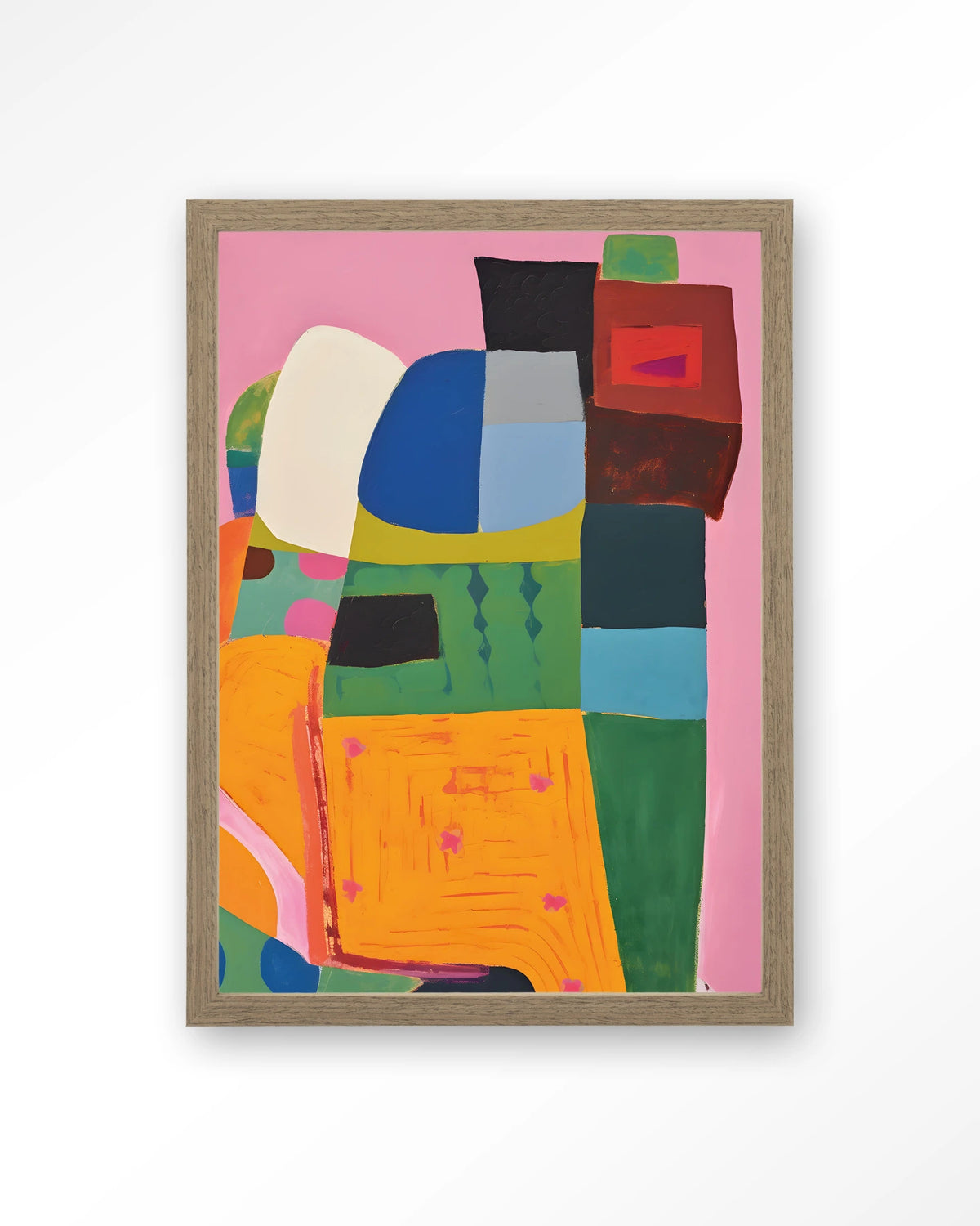 Forest Tales – kleurrijk abstract op roze – Art print – Hout bruin