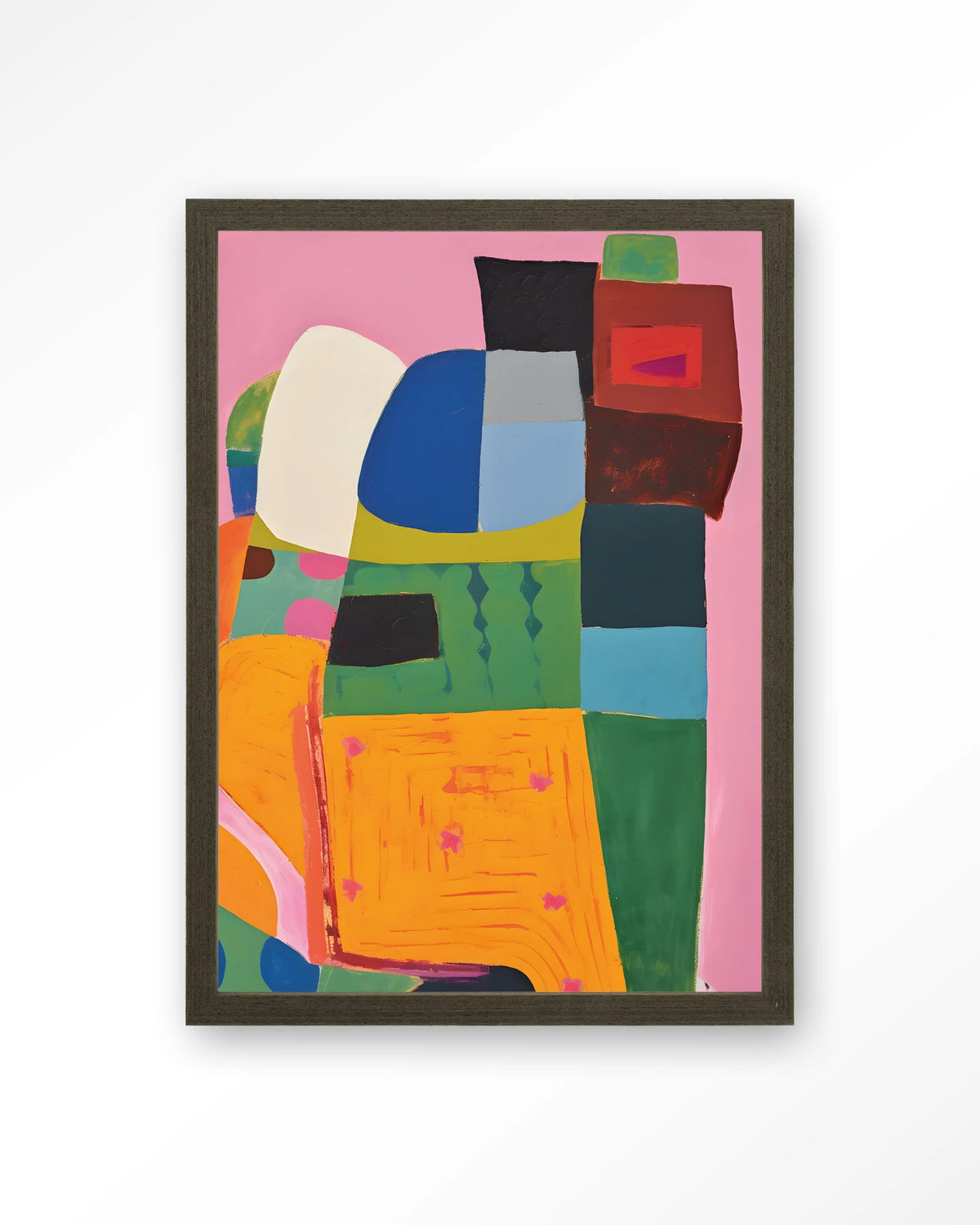 Forest Tales – kleurrijk abstract op roze – Art print – Hout donkerbruin