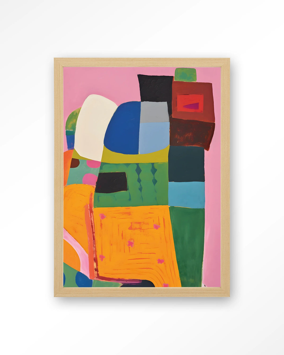 Forest Tales – kleurrijk abstract op roze – Art print – Hout naturel