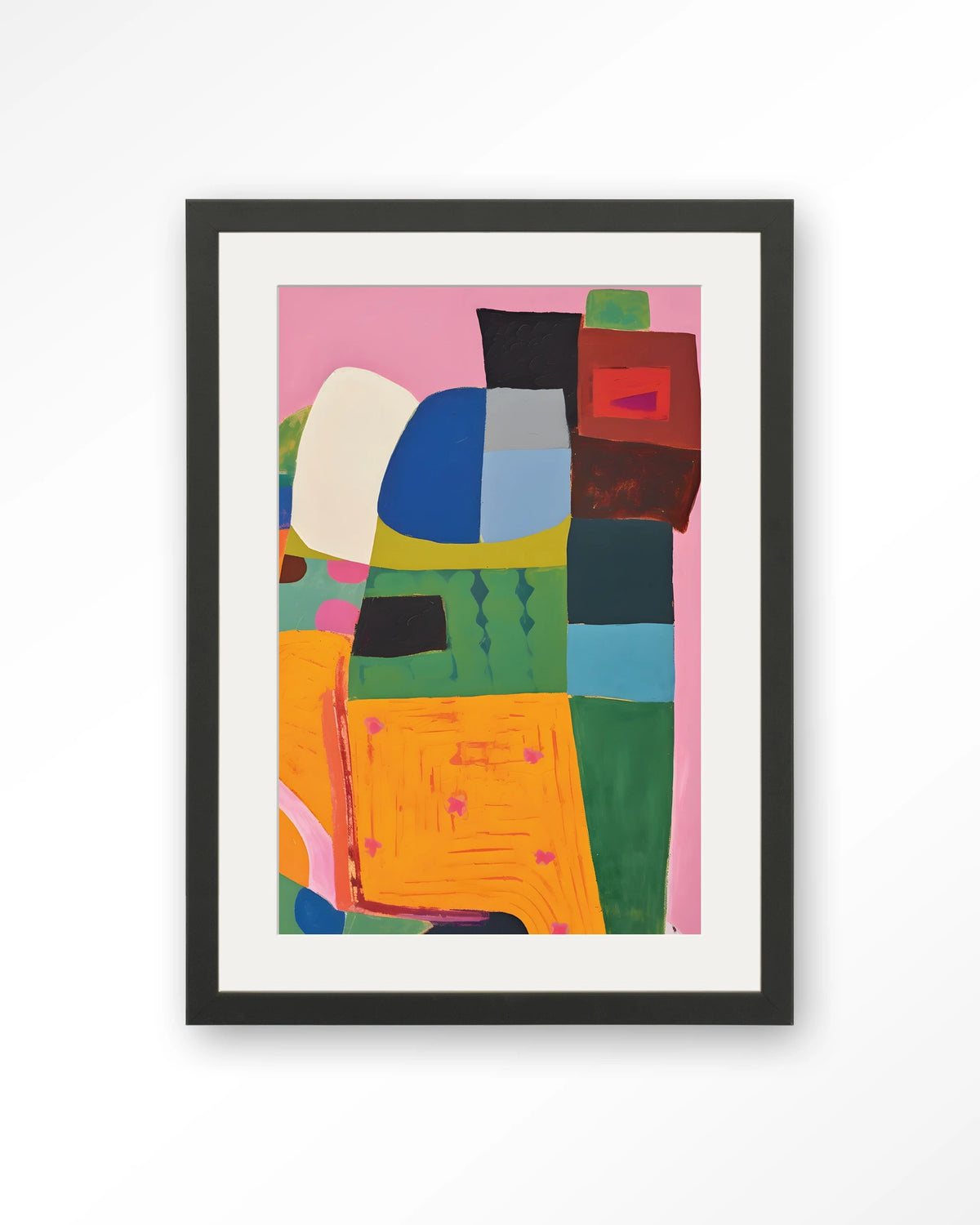 Forest Tales – kleurrijk abstract op roze – Art print – Hout zwart + passe-partout