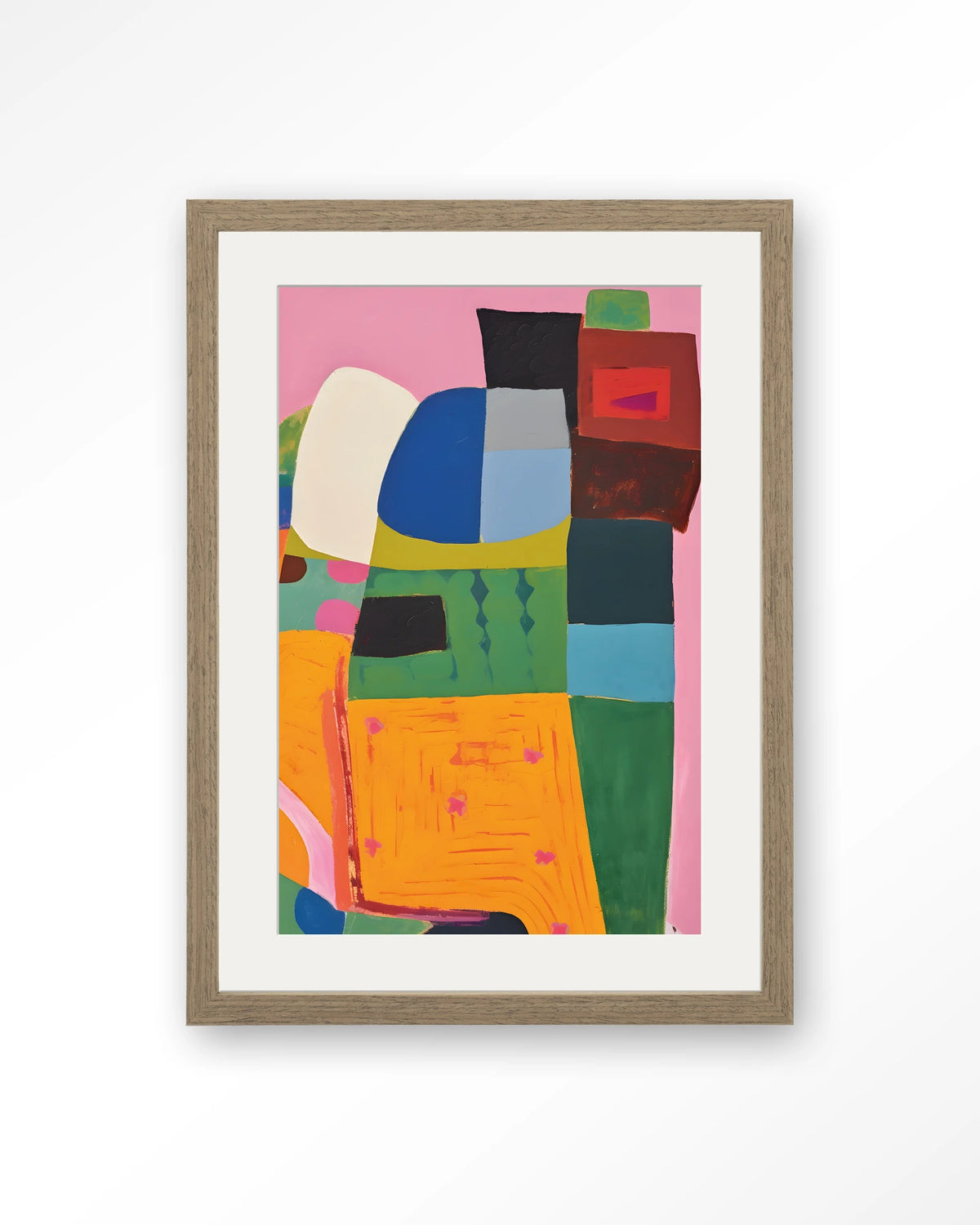 Forest Tales – kleurrijk abstract op roze – Art print – Hout bruin + passe-partout