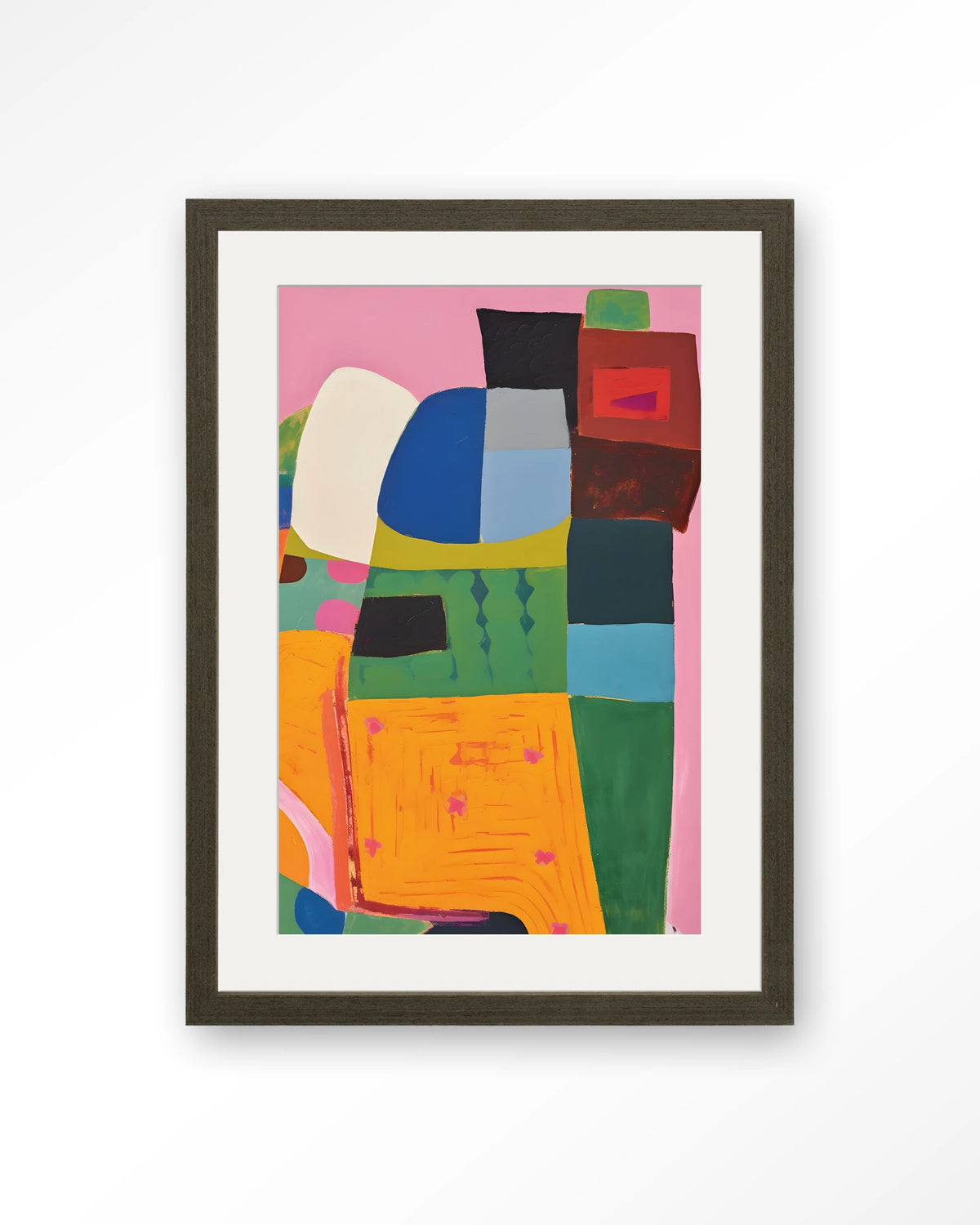 Forest Tales – kleurrijk abstract op roze – Art print – Hout donkerbruin + passe-partout