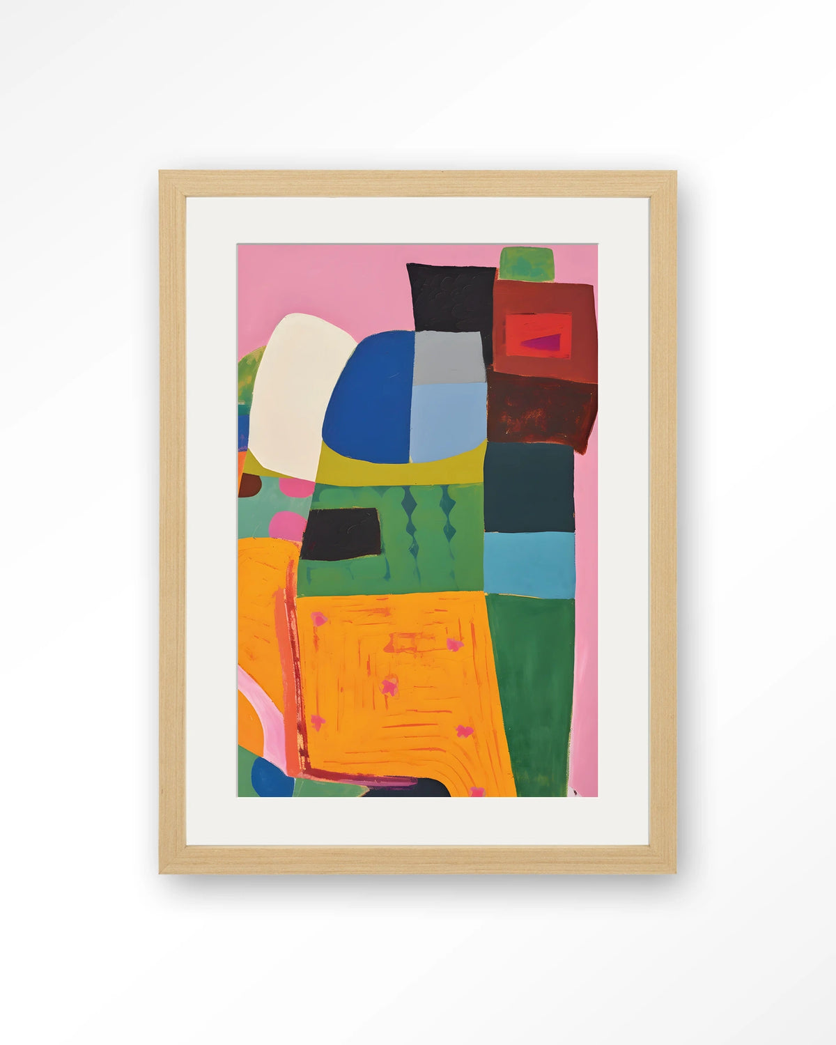 Forest Tales – kleurrijk abstract op roze – Art print – Hout naturel + passe-partout