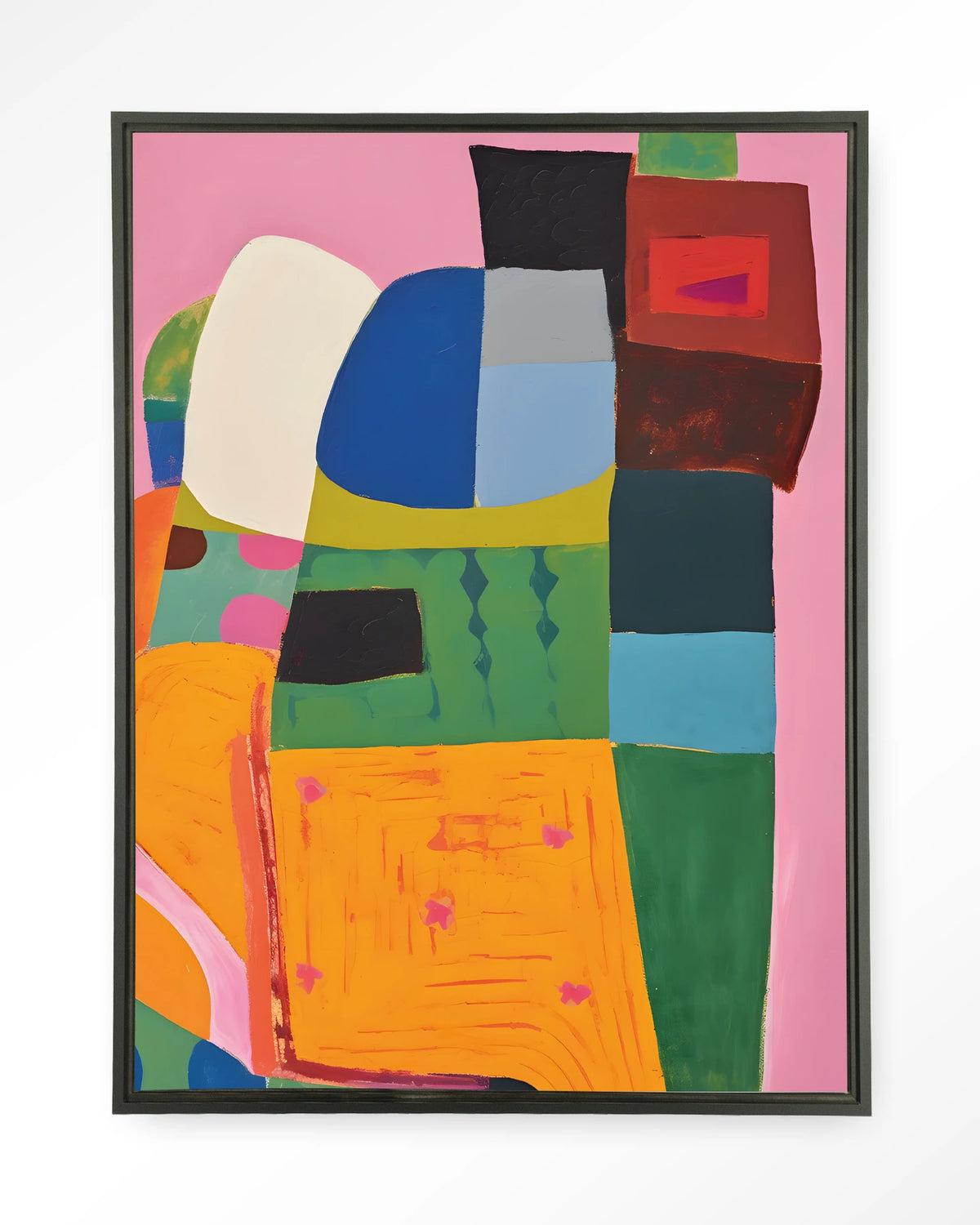 Forest Tales – kleurrijk abstract op roze – Wandkleed – Floating frame – zwart