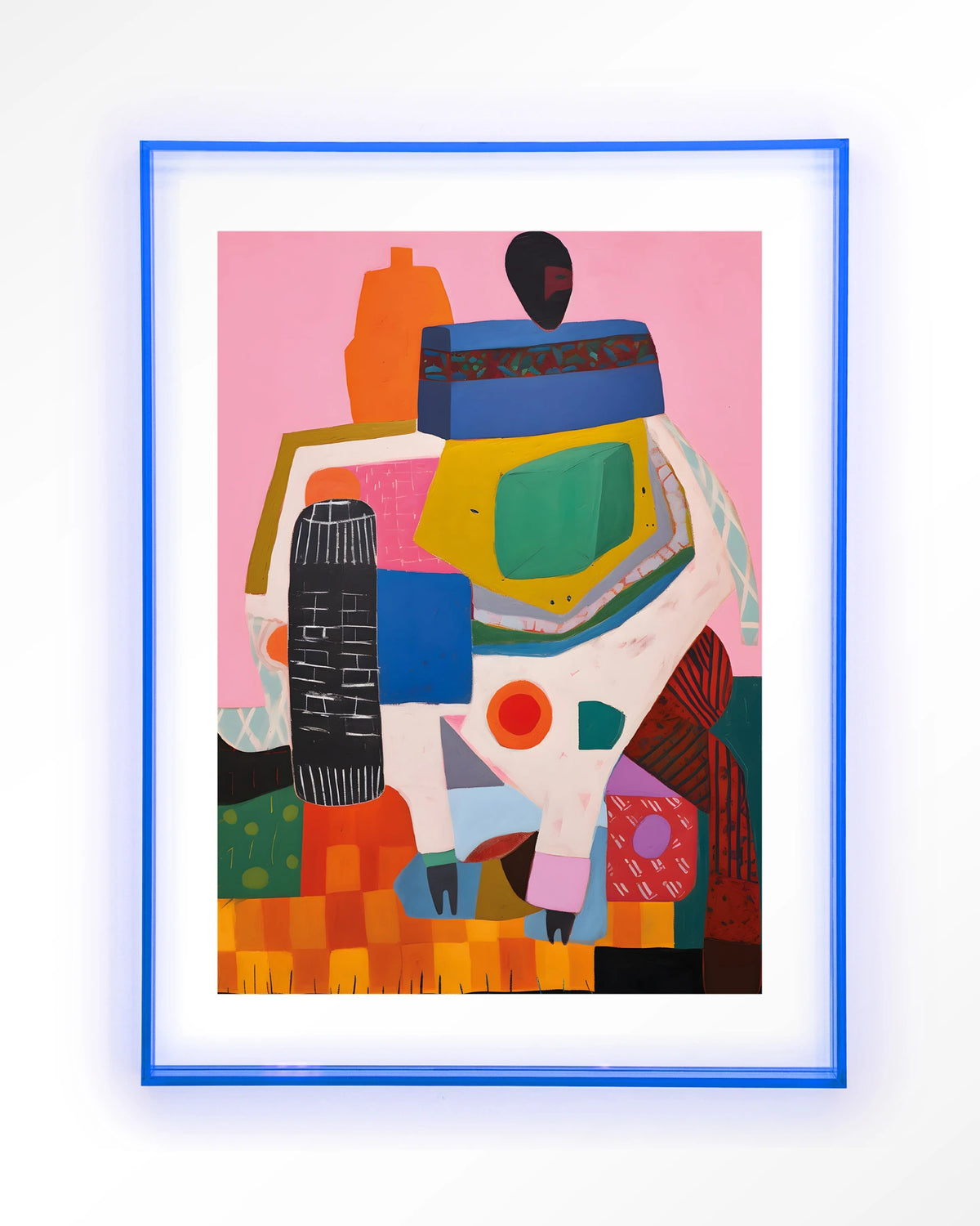 Battle of Colour – kleurrijk abstract op roze – Art print – Acryl lichtblauw