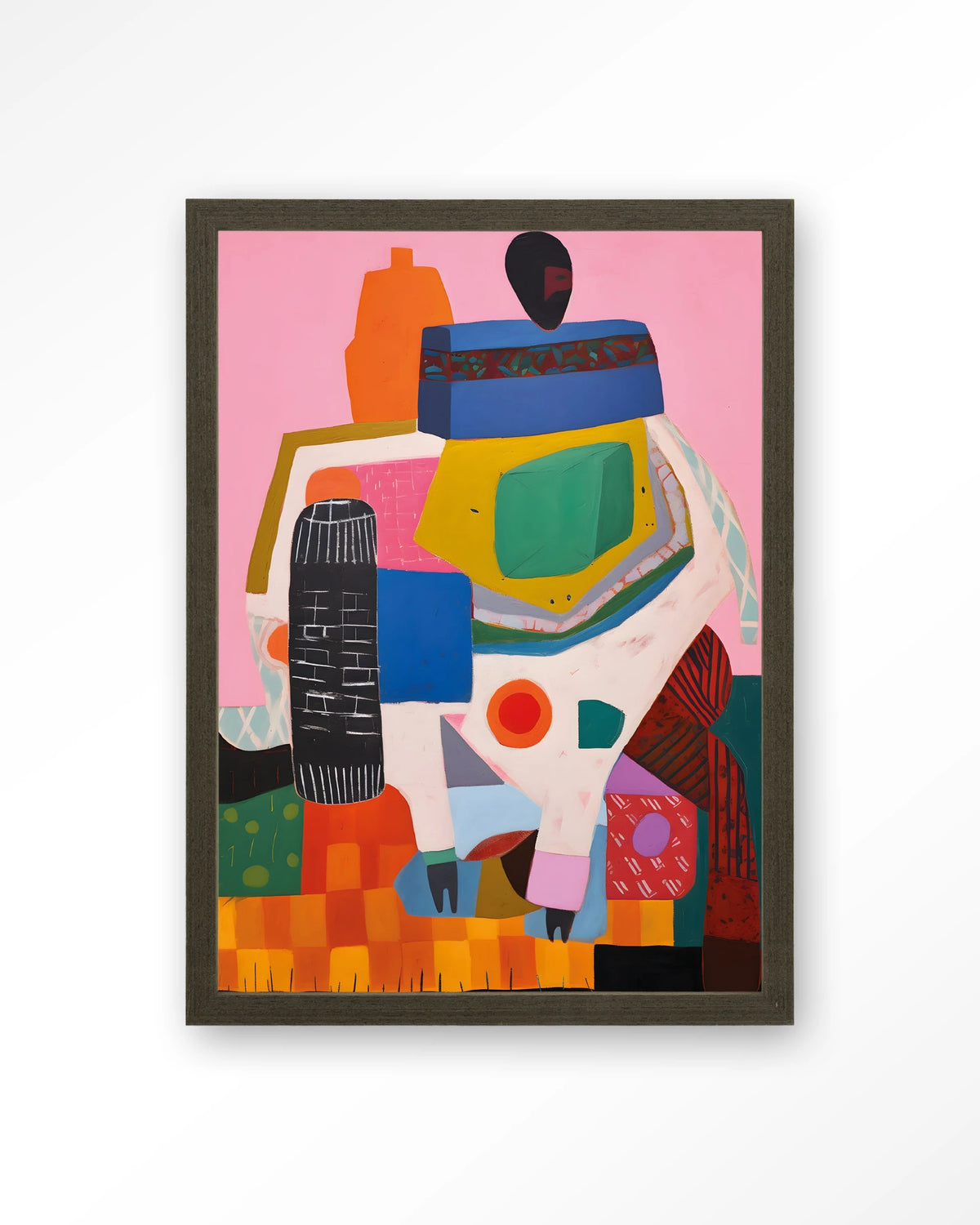 Battle of Colour – kleurrijk abstract op roze – Art print – Hout donkerbruin