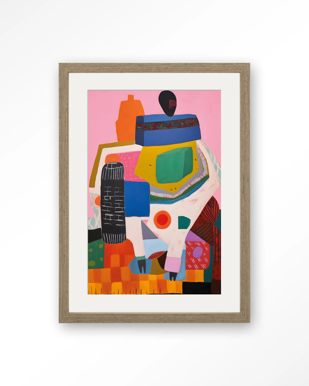 Battle of Colour – kleurrijk abstract op roze – Art print – Hout bruin + passe-partout