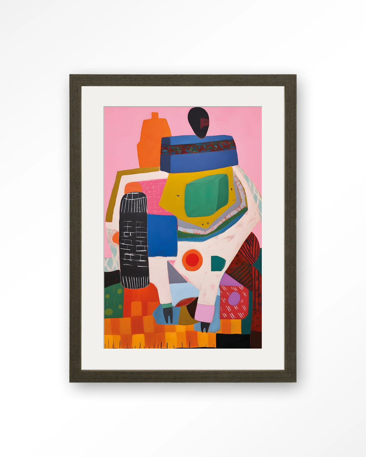 Battle of Colour – kleurrijk abstract op roze – Art print – Hout donkerbruin + passe-partout