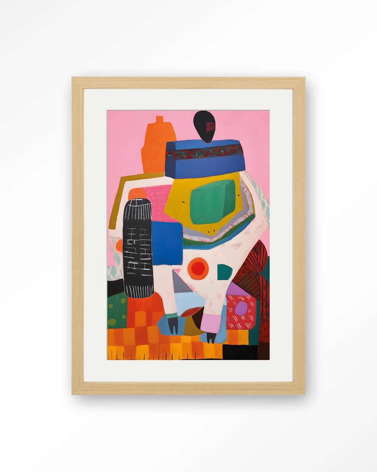 Battle of Colour – kleurrijk abstract op roze – Art print – Hout naturel + passe-partout