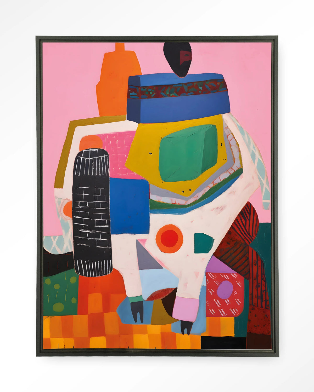 Battle of Colour – kleurrijk abstract op roze – Wandkleed – Floating frame – zwart