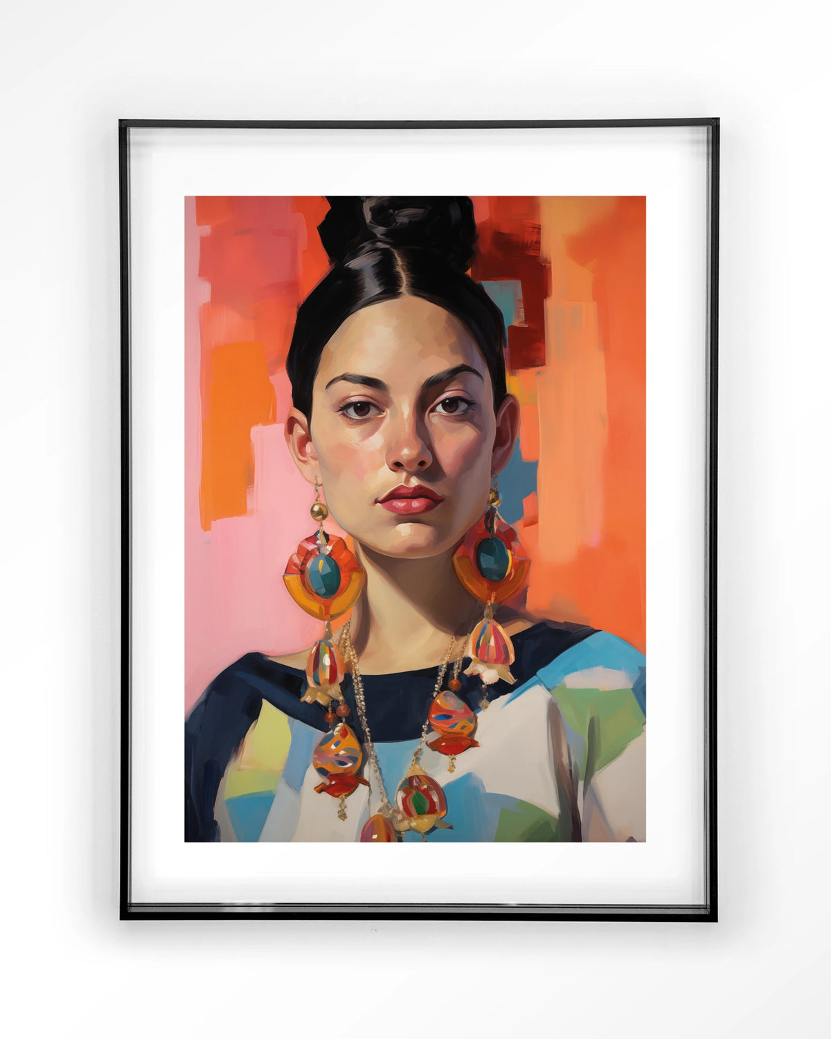 Senorita – portret van een vrouw met oorbellen – Art print – Acryl zwart