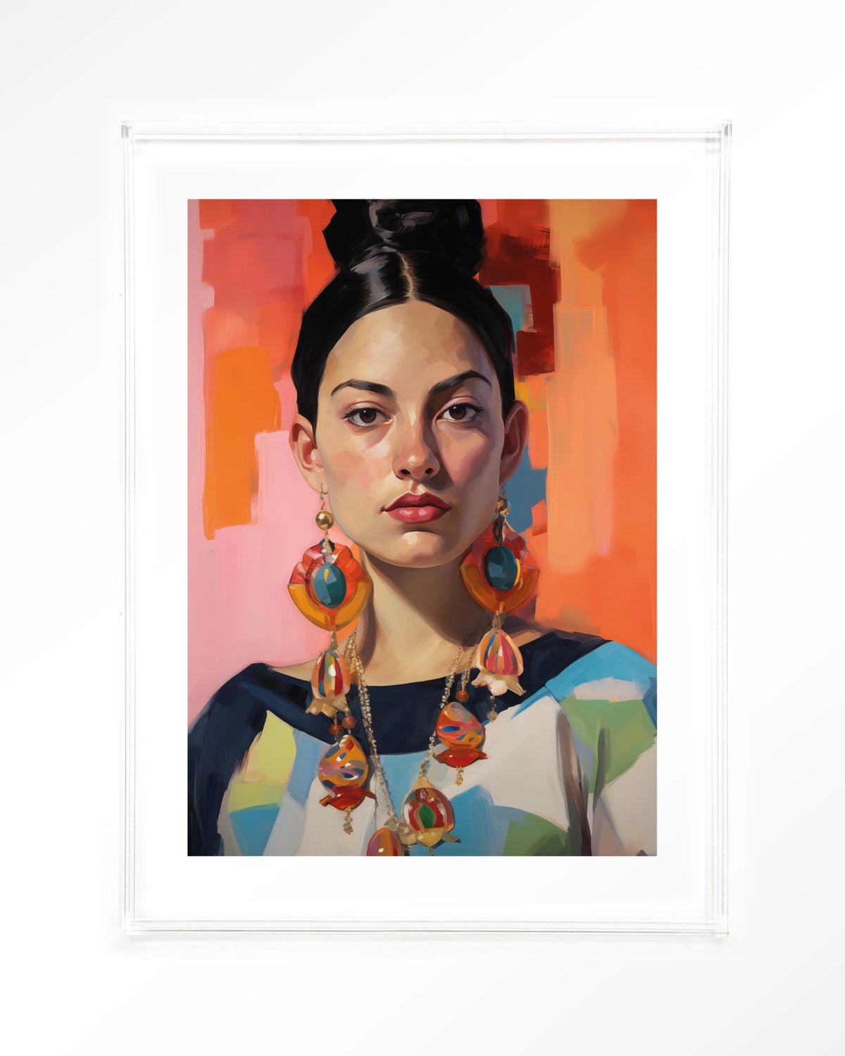 Senorita – portret van een vrouw met oorbellen – Art print – Acryl doorzichtig