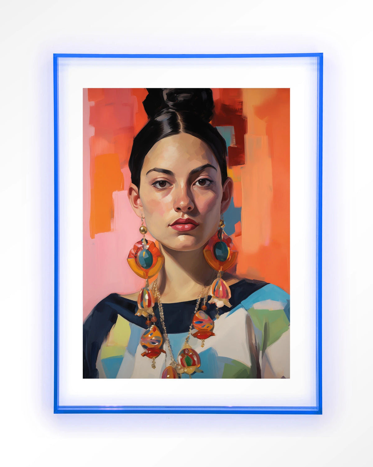 Senorita – portret van een vrouw met oorbellen – Art print – Acryl lichtblauw