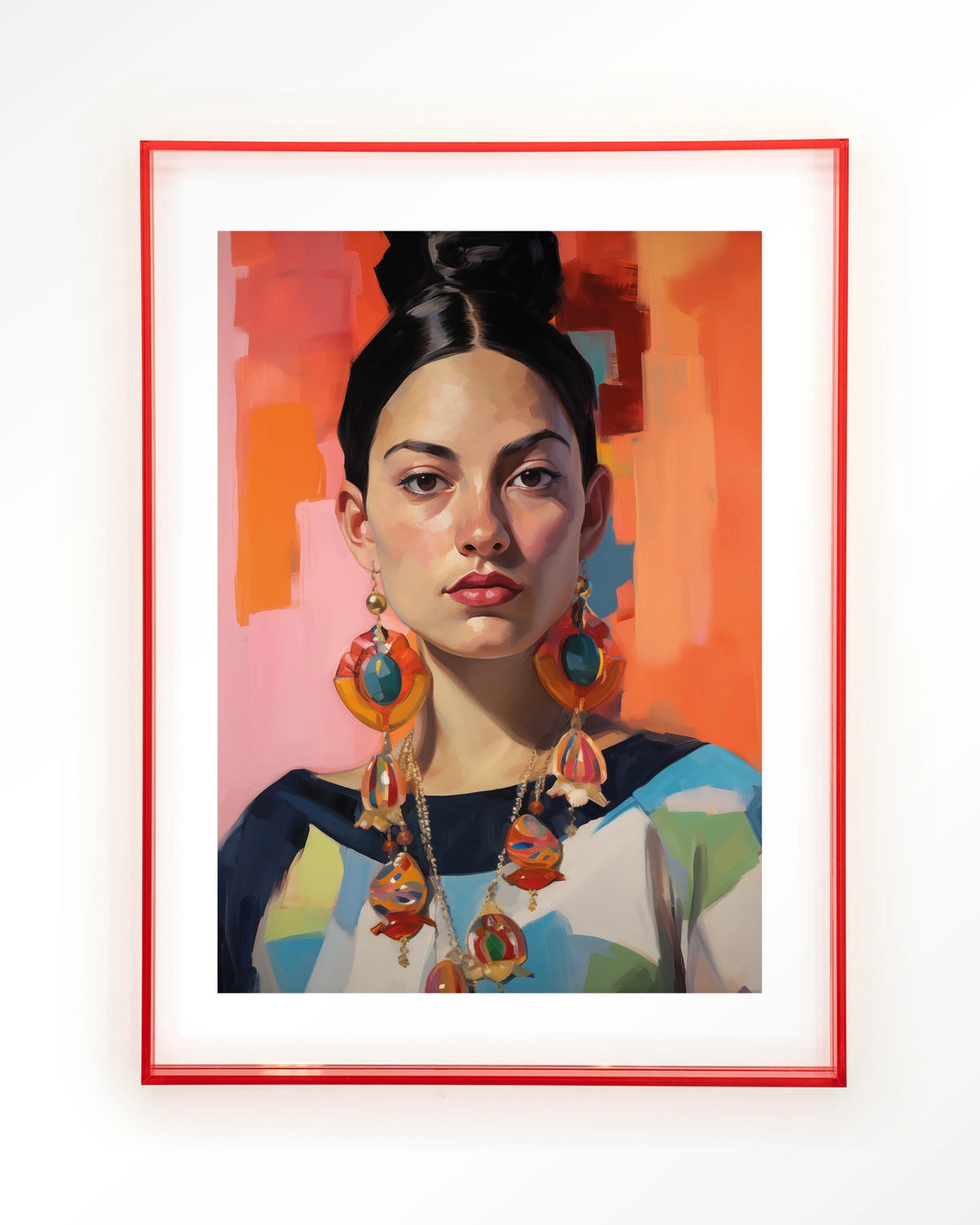 Senorita – portret van een vrouw met oorbellen – Art print – Acryl roze