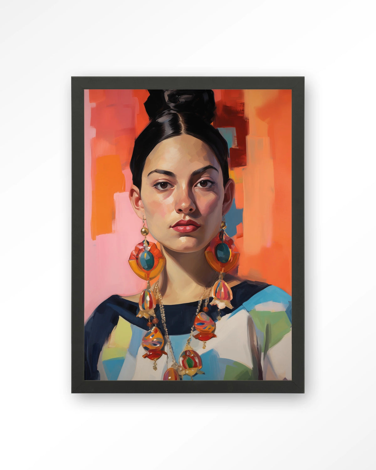 Senorita – portret van een vrouw met oorbellen – Art print – Hout zwart