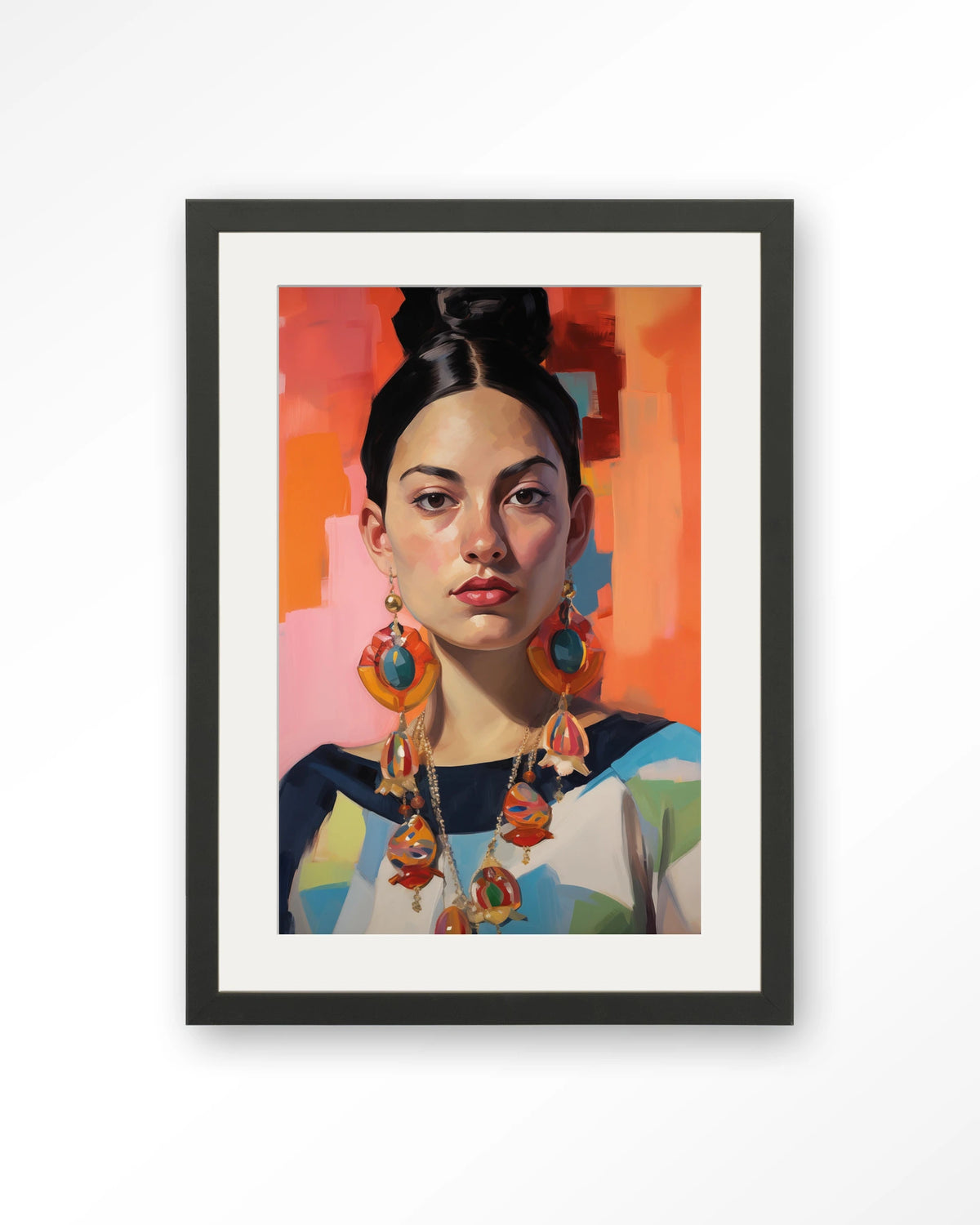 Senorita – portret van een vrouw met oorbellen – Art print – Hout zwart + passe-partout
