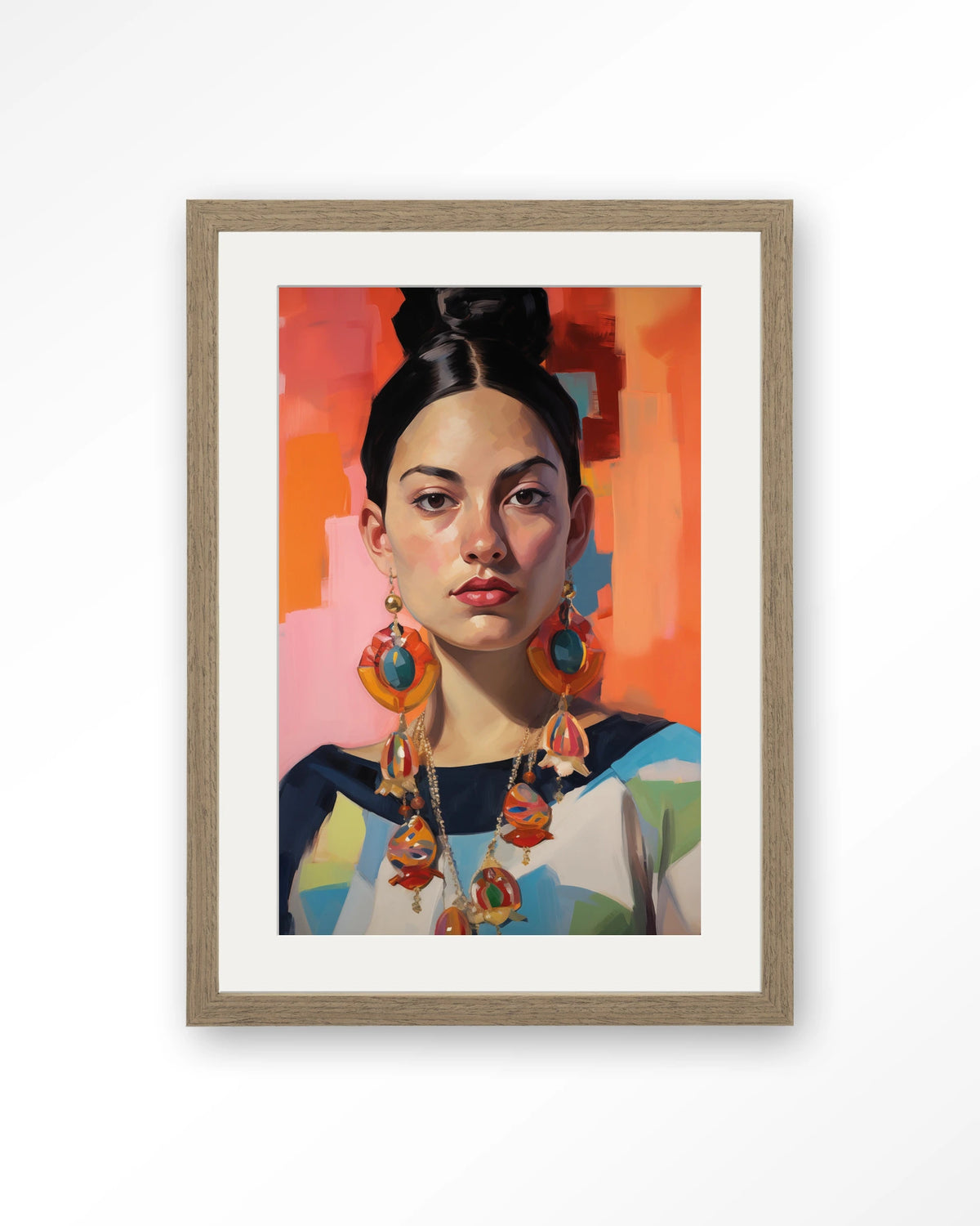 Senorita – portret van een vrouw met oorbellen – Art print – Hout bruin + passe-partout