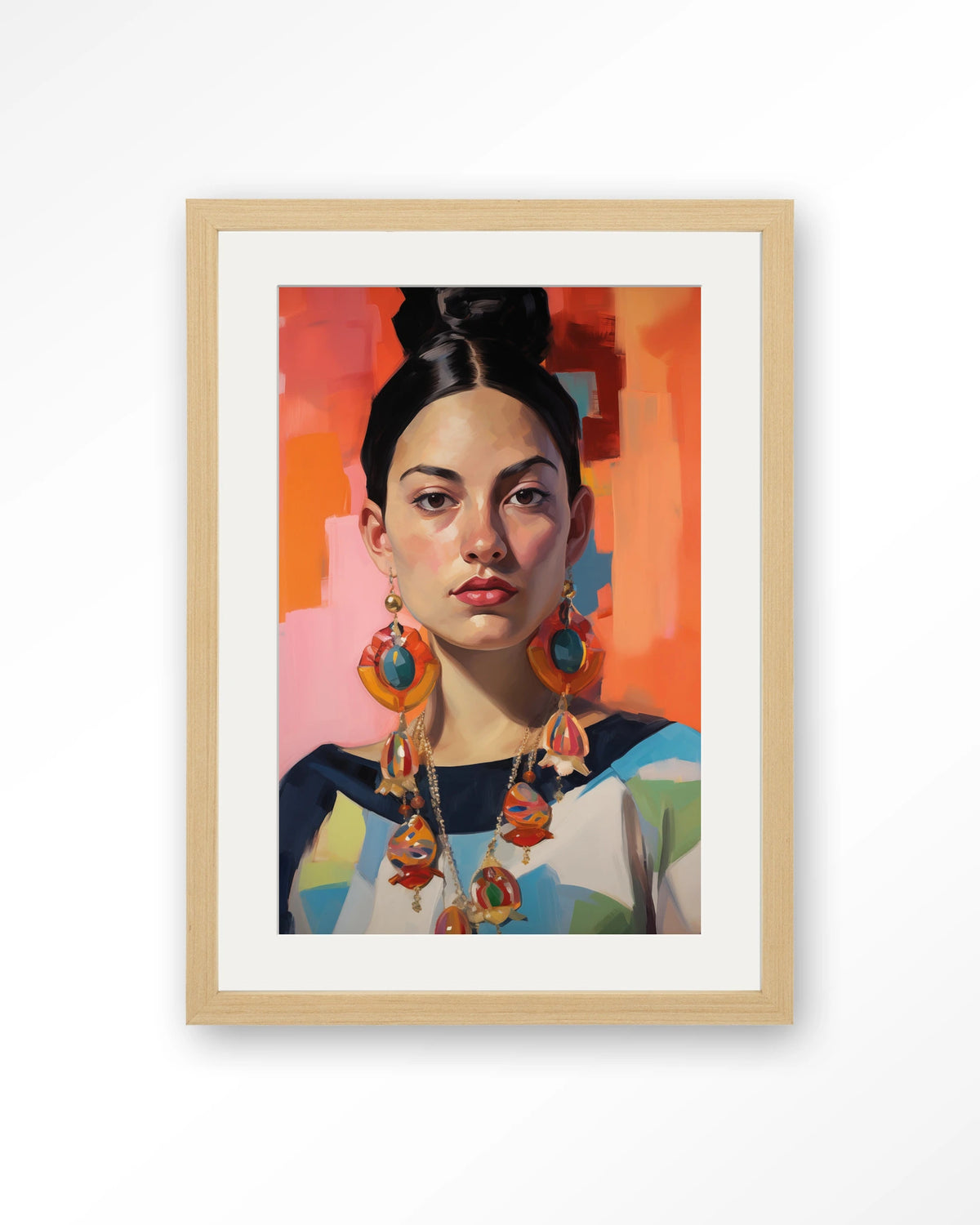 Senorita – portret van een vrouw met oorbellen – Art print – Hout naturel + passe-partout