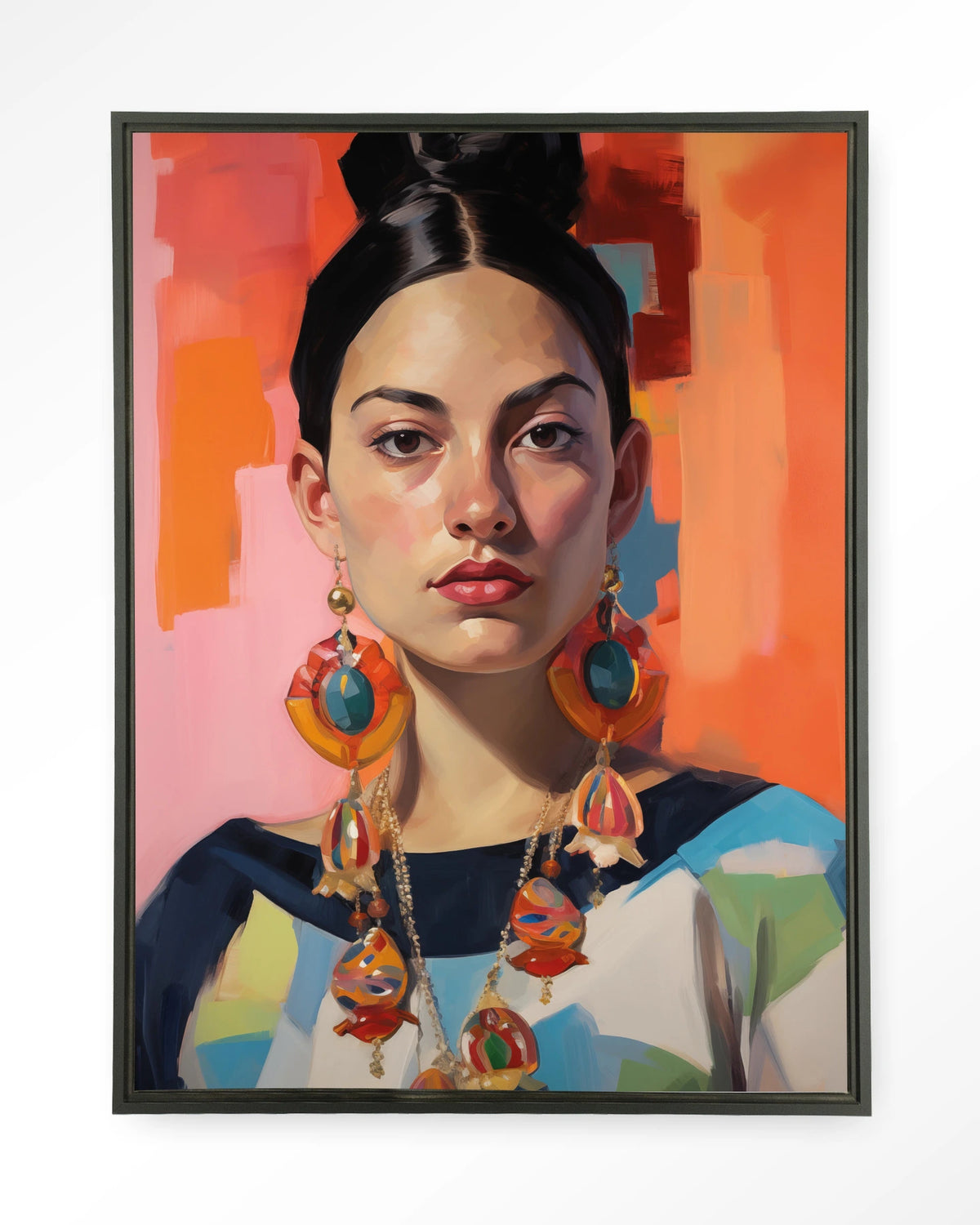 Senorita – portret van een vrouw met oorbellen – Wandkleed – Floating frame – zwart
