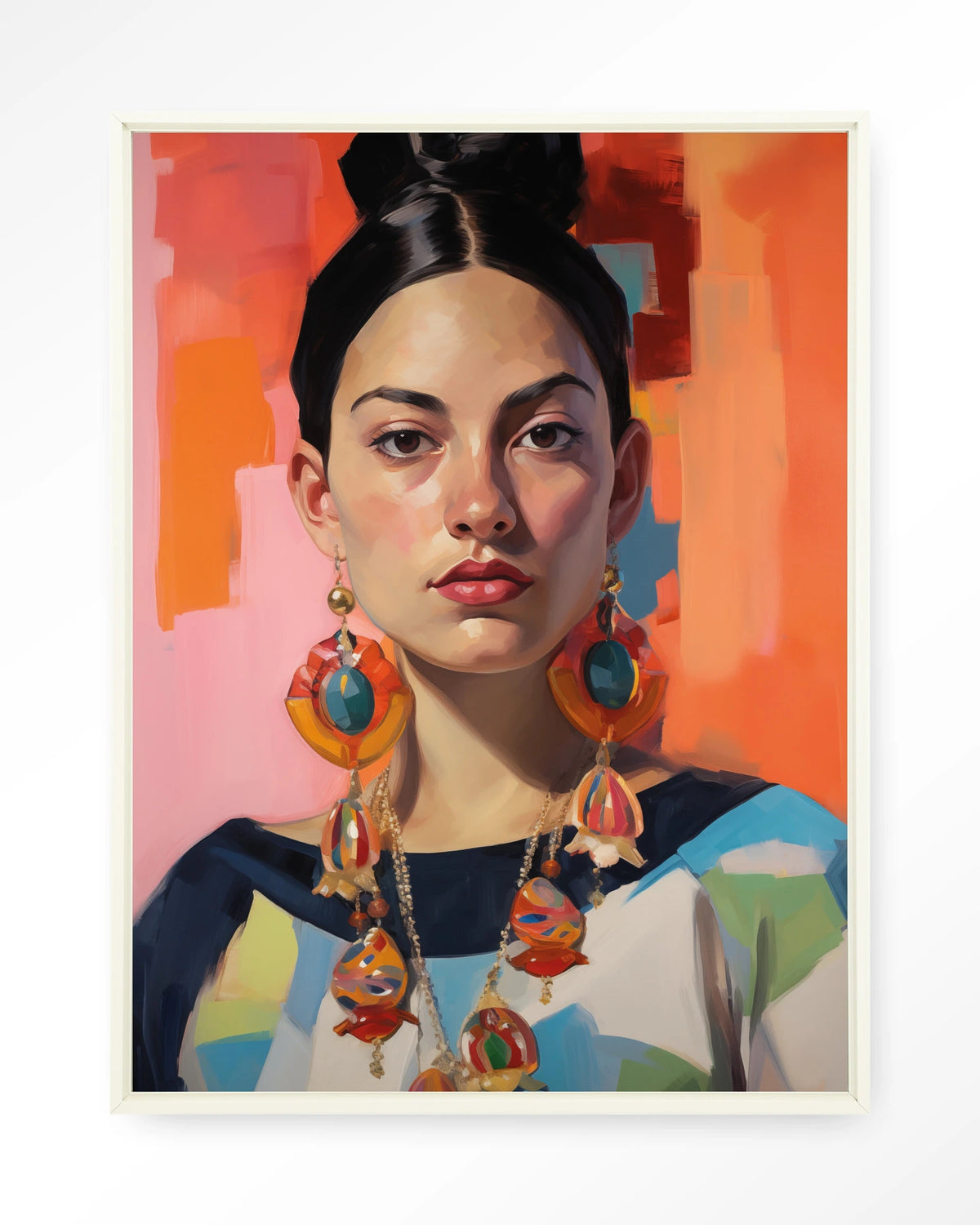 Senorita – portret van een vrouw met oorbellen – Wandkleed – Floating frame – wit