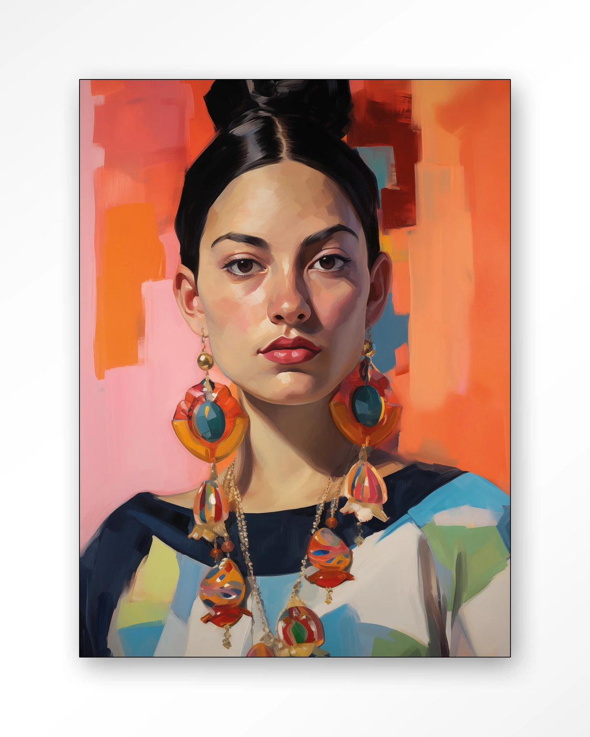 Senorita – portret van een vrouw met oorbellen – Wandkleed – Frame – zwart