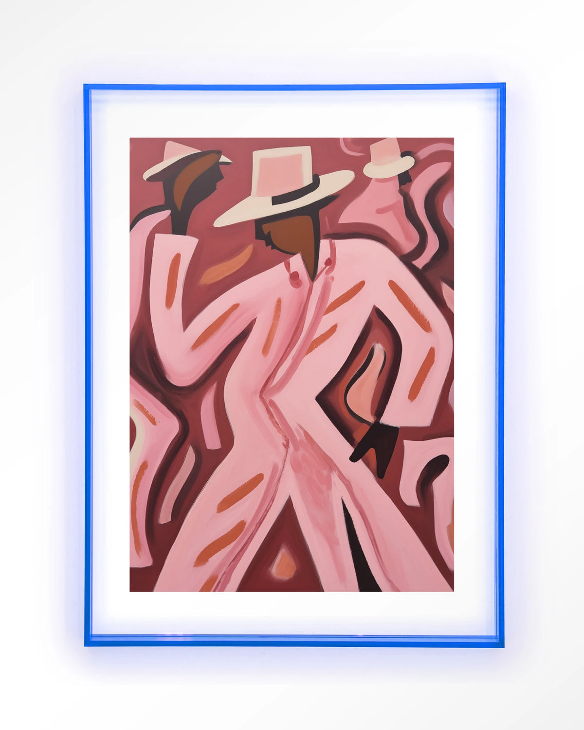 Boogie Woogie – dansers in roze pakken – Art print – Acryl lichtblauw