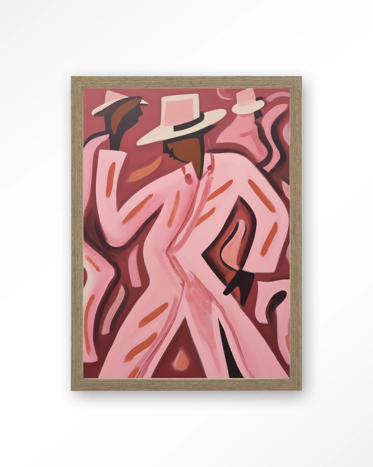 Boogie Woogie – dansers in roze pakken – Art print – Hout bruin