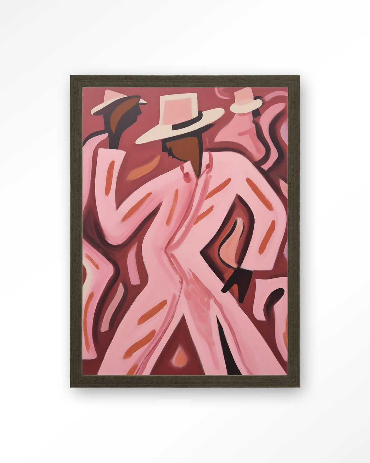 Boogie Woogie – dansers in roze pakken – Art print – Hout donkerbruin
