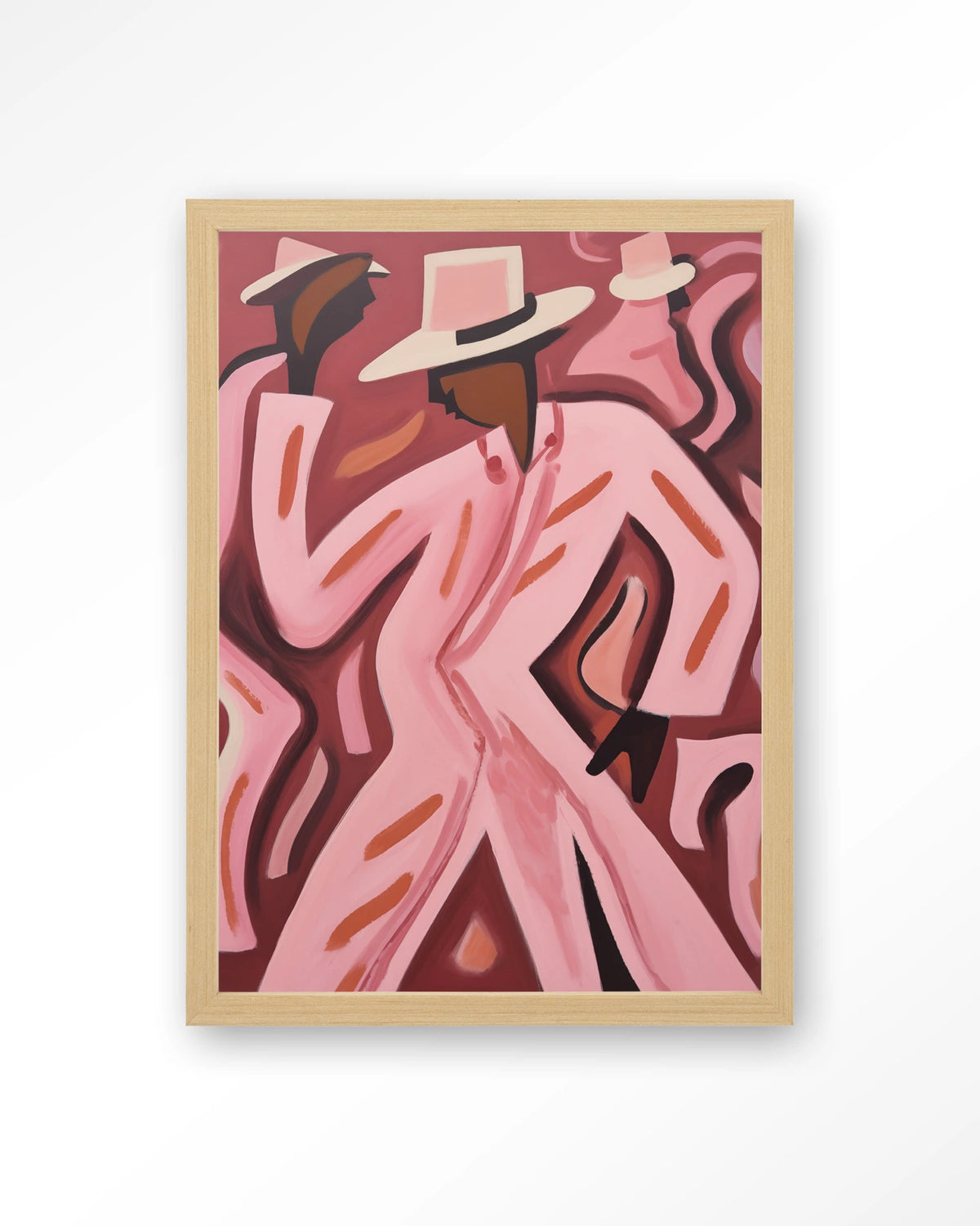 Boogie Woogie – dansers in roze pakken – Art print – Hout naturel