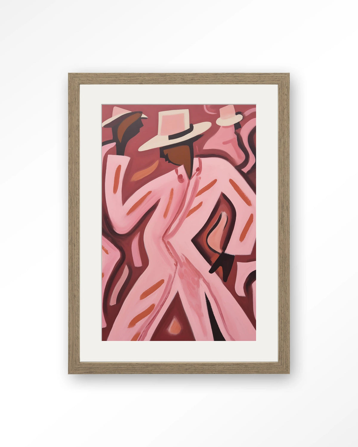 Boogie Woogie – dansers in roze pakken – Art print – Hout bruin + passe-partout