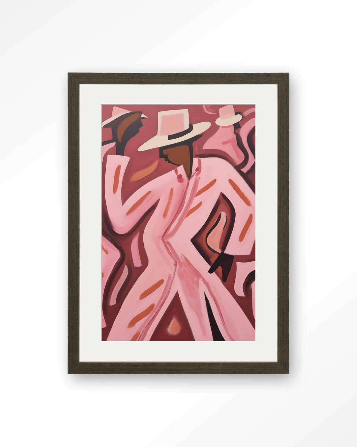 Boogie Woogie – dansers in roze pakken – Art print – Hout donkerbruin + passe-partout
