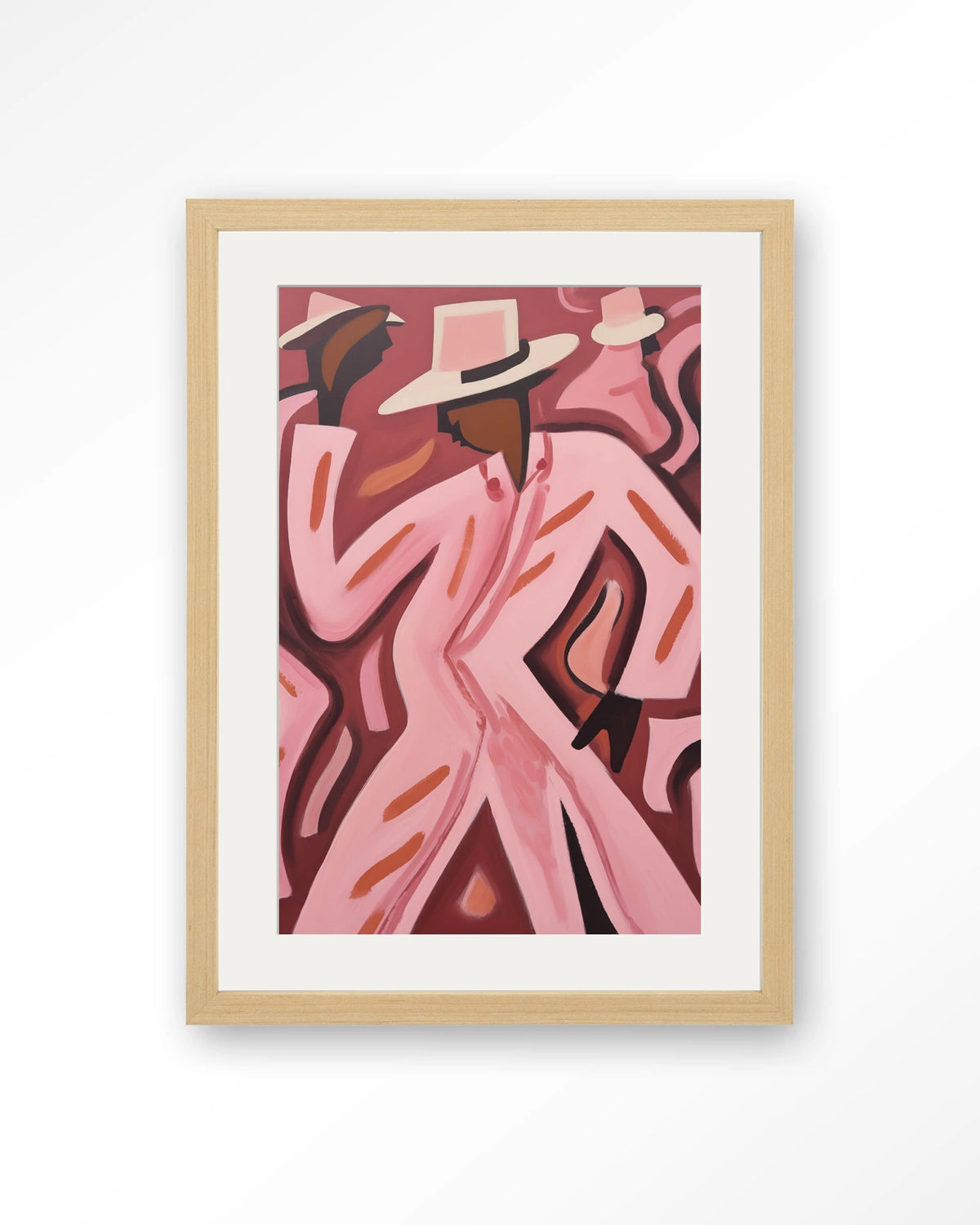 Boogie Woogie – dansers in roze pakken – Art print – Hout naturel + passe-partout