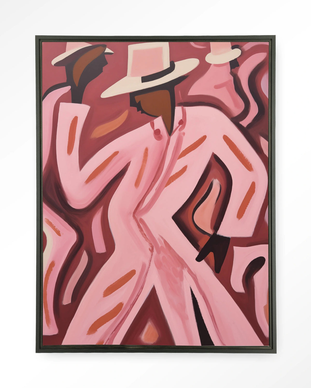 Boogie Woogie – dansers in roze pakken – Wandkleed – Floating frame – zwart