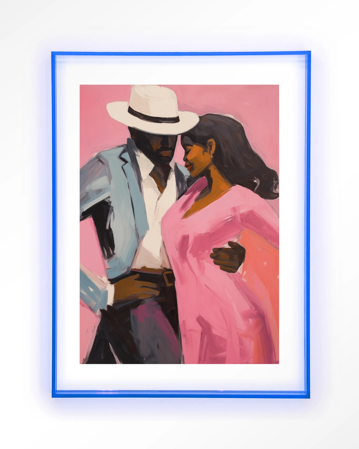 Cha Cha Cha – dansend paar in roze en blauw – Art print – Acryl lichtblauw