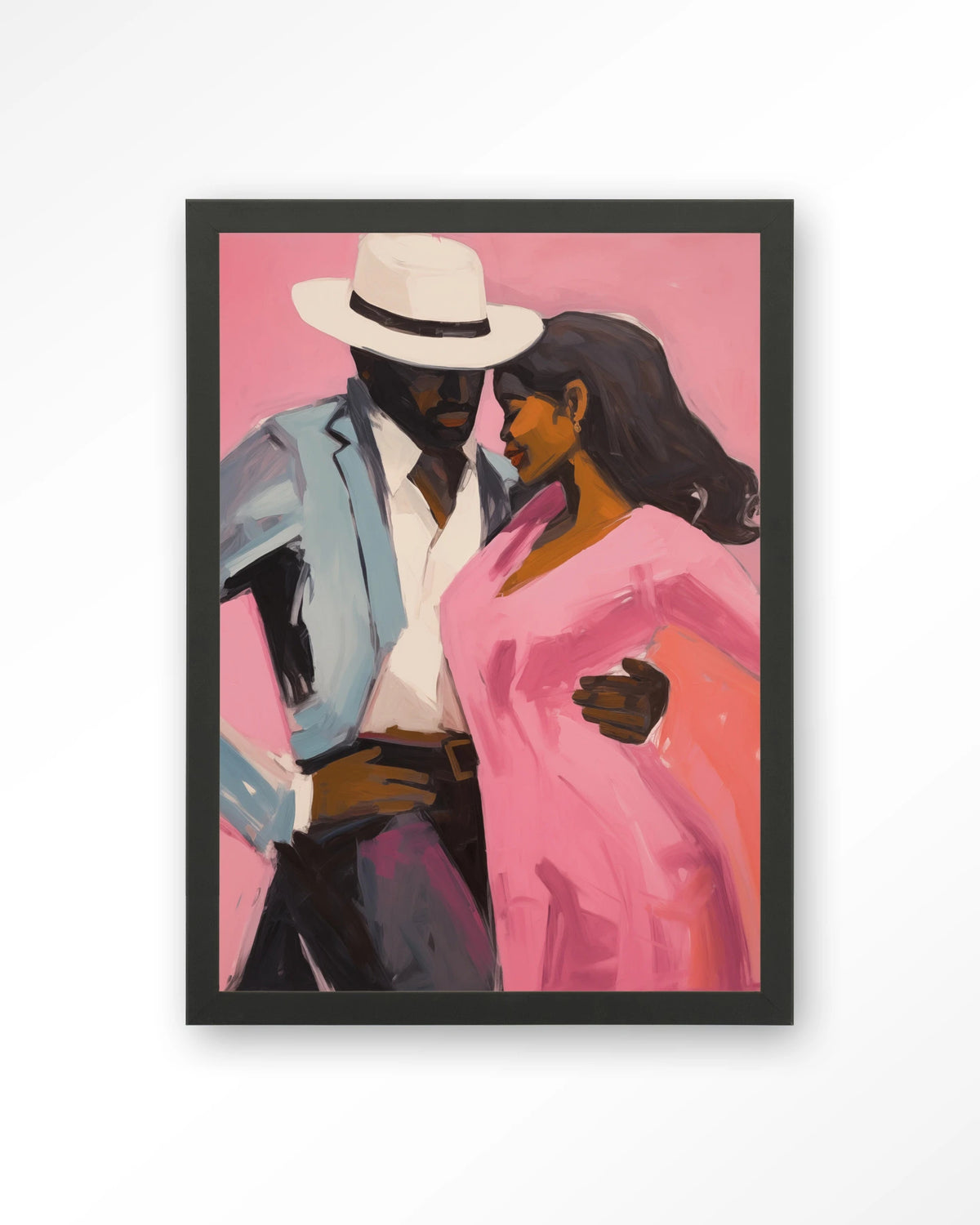 Cha Cha Cha – dansend paar in roze en blauw – Art print – Hout zwart