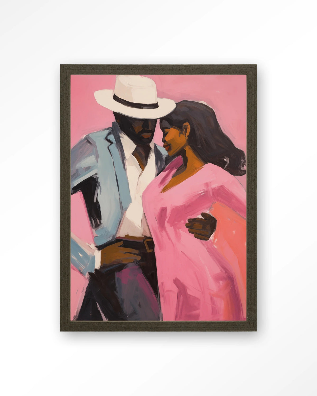 Cha Cha Cha – dansend paar in roze en blauw – Art print – Hout donkerbruin