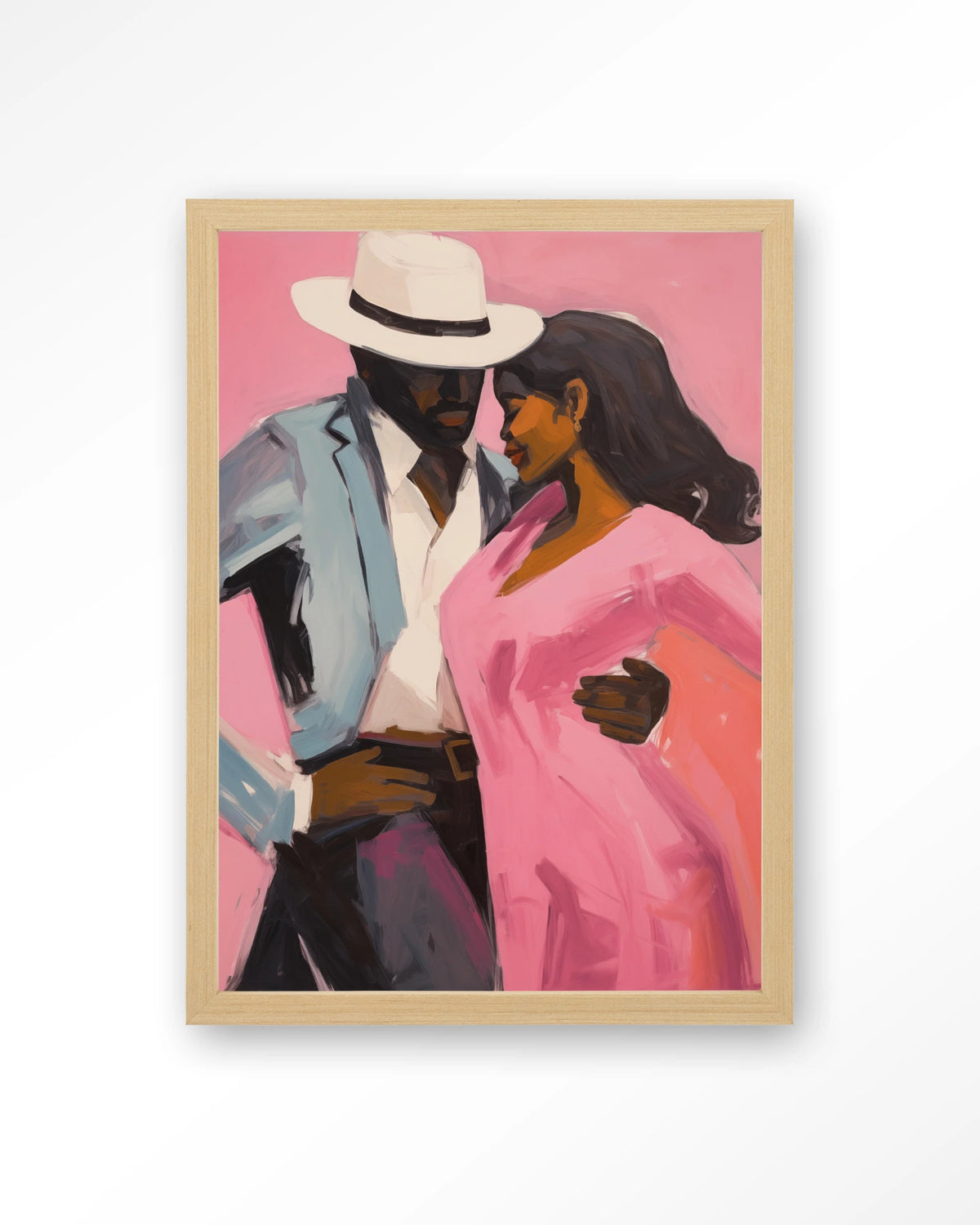 Cha Cha Cha – dansend paar in roze en blauw – Art print – Hout naturel