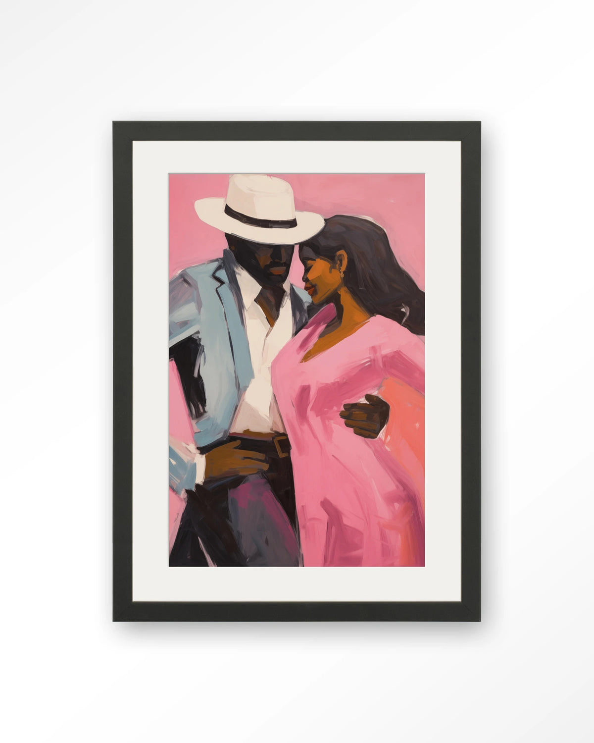 Cha Cha Cha – dansend paar in roze en blauw – Art print – Hout zwart + passe-partout