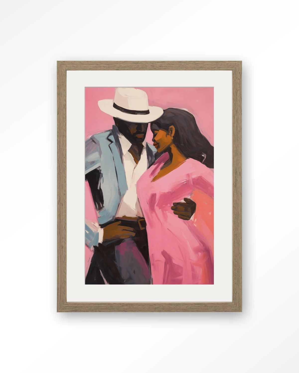 Cha Cha Cha – dansend paar in roze en blauw – Art print – Hout bruin + passe-partout