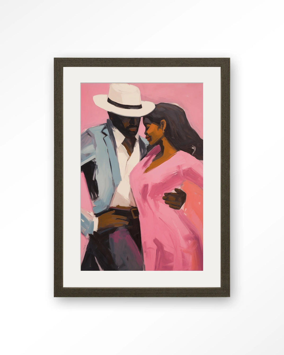 Cha Cha Cha – dansend paar in roze en blauw – Art print – Hout donkerbruin + passe-partout