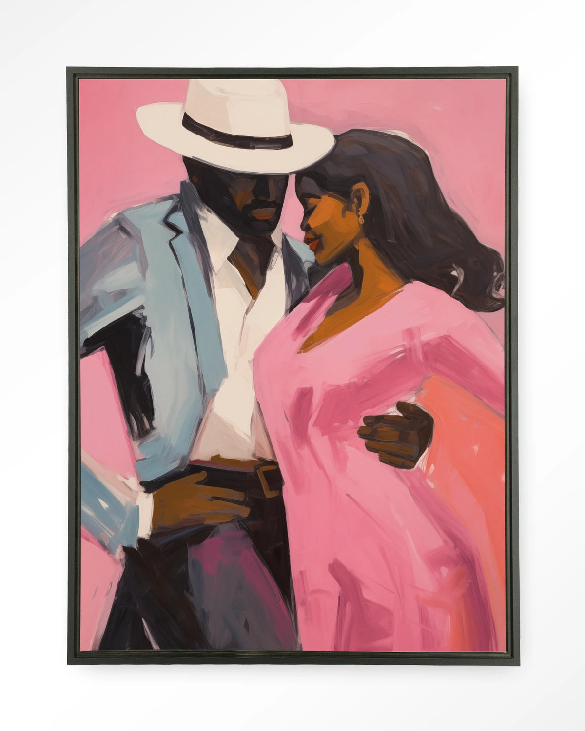 Cha Cha Cha – dansend paar in roze en blauw – Wandkleed – Floating frame – zwart