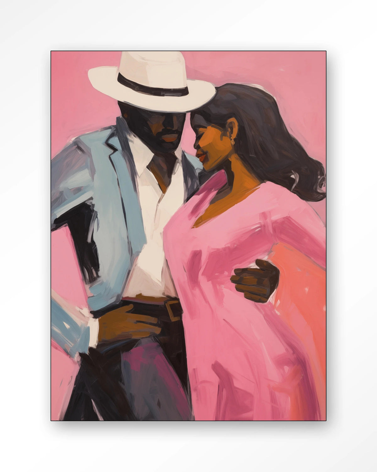 Cha Cha Cha – dansend paar in roze en blauw – Wandkleed – Frame – zwart