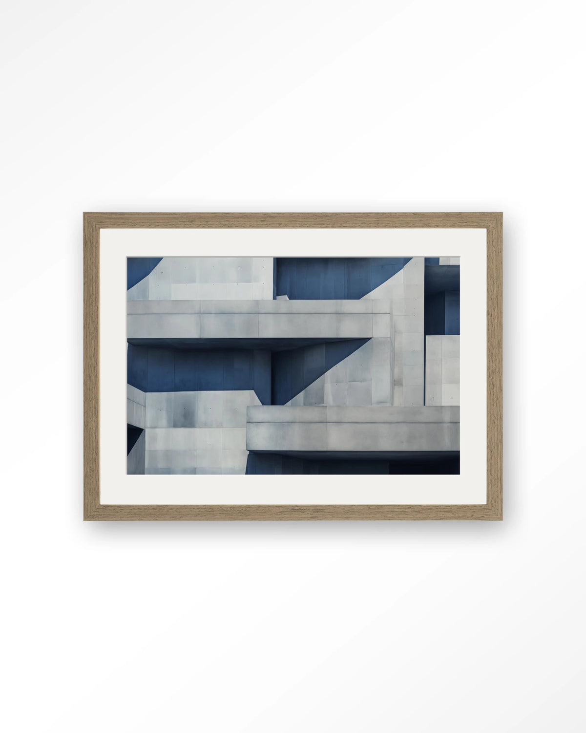 Concrete Cube – betonnen architectuur in blauw – Art print – Hout bruin + passe-partout